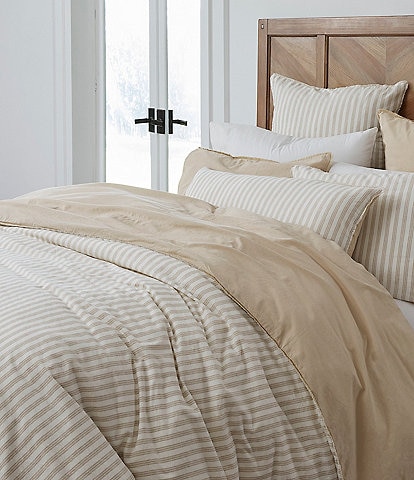 Southern Living Simplicity Duo Cotton & Linen Solid & Striped Fringed Reversible Duvet Cover