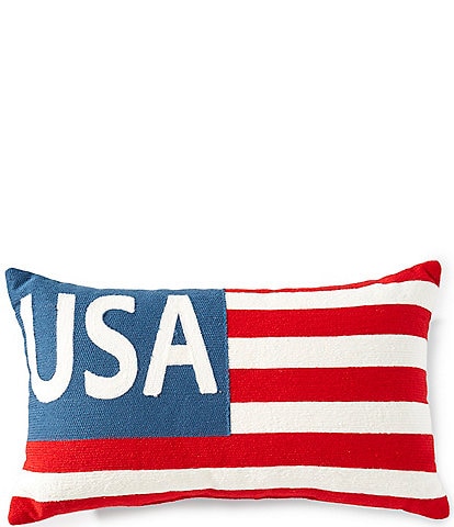 Southern Living Summer Shop Chainstitch Embroidery Reversible USA Flag All-Weather Lumbar Pillow