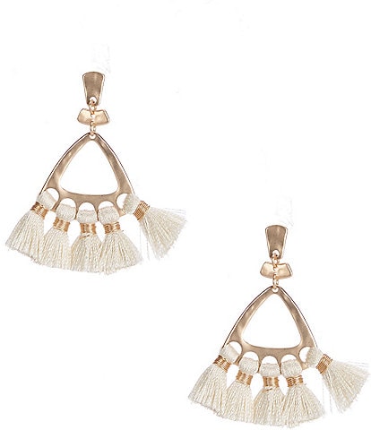 Southern Living Triangle Hammered Metal White Multi Tassel Drop Earrings