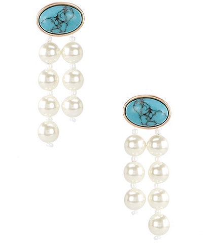 Southern Living Turquoise Oval Cab 2 Row Pearl Chandelier Earrings