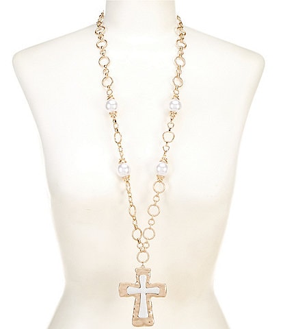 Southern Living Two Tone Cross Pendant Pearl Long Strand Necklace