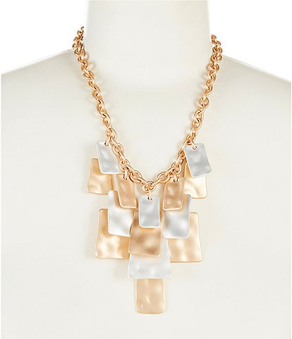 Southern Living Two Tone Hammered Metal Rectangle Multi Drop Statement Collar Necklace