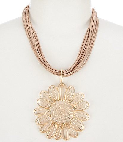 Southern Living Vachetta Cord Flower Open Metal Short Pendant Statement Necklace