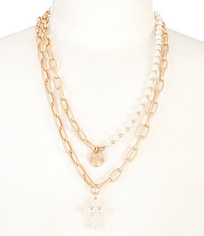 Southern Living Wavy Metal Disc & Pearl Cross Short Multi Strand Necklace