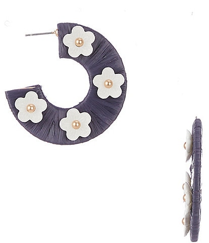 Southern Living White Flower Navy Raffia Wrapped Hoop Earrings