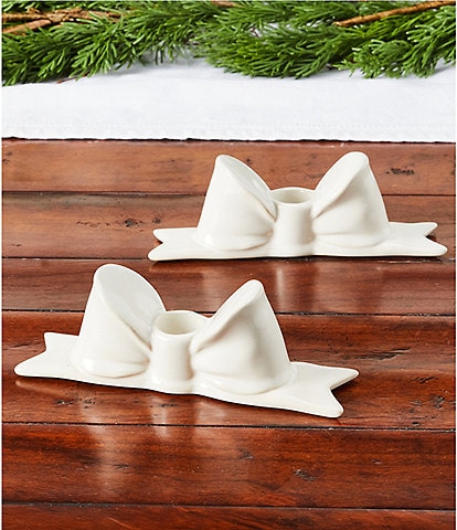 Southern Living White Glazed Ceramic Bow Taper Candle Holder, Set of 2