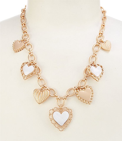 Southern Living White Shell Multi Heart Charm Drop Frontal Collar Necklace