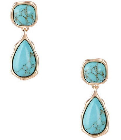 Southern Living Wobbly Edge Metal Double Turquoise Stone Drop Earrings