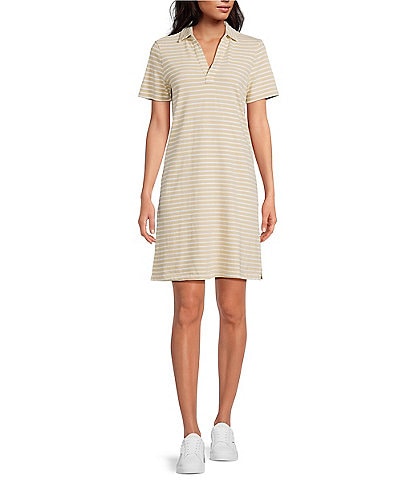 Southern Tide Demi Stripe Print Collared V-Neck Short Sleeve Cotton Polo A-Line Dress