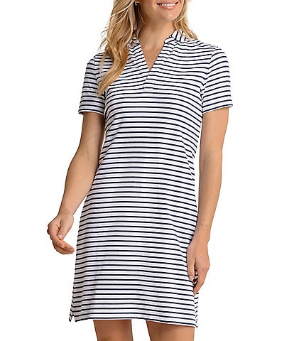 Southern Tide Demi Stripe Print Collared V-Neck Short Sleeve Cotton Polo A-Line Dress
