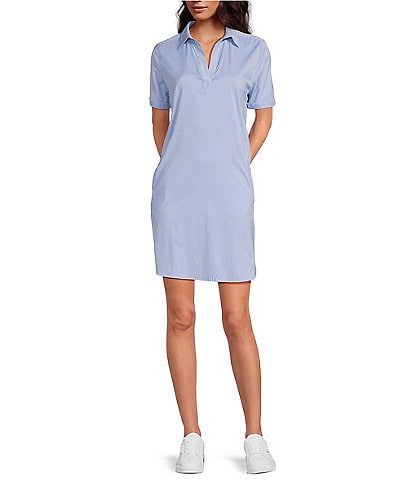 Southern Tide Kamryn brrr°® Intercoastal Stripe Print Short Sleeve Collared V-Neck Shift Dress