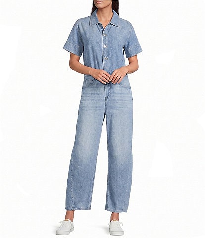 SPANX Denim Collared Short Sleeve Button Front Ankle Length Barrel Leg Jumpsuit