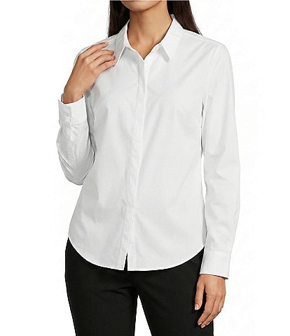 Spanx Poplin No-Gape Tailored Long Sleeve Point Collar Button Down Top