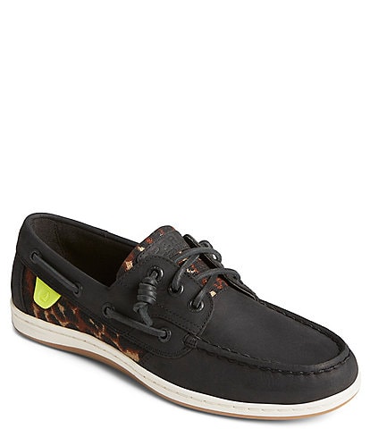 Sperry Songfish Leather Animal Print Detail 3-Eye Boat Shoes