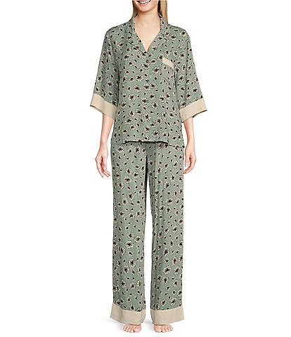 Splendid 3/4 Sleeve Notch Collar Long Woven Floral Pajama Set