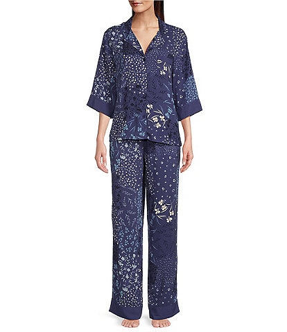 Splendid 3/4 Sleeve Notch Collar Woven Ditsy Patchwork Pajama Set