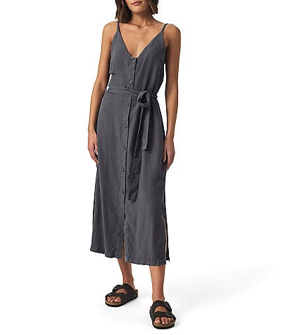 Splendid Amanda Linen Blend Knit V-Neck Sleeveless Belted A-Line Midi Dress