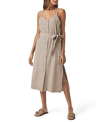 Splendid Amanda Linen Blend Knit V-Neck Sleeveless Belted A-Line Midi Dress