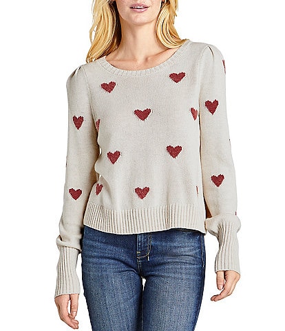 Splendid Annabelle Heart Print Crew Neck Ribbed Hem Long Sleeve Cashmere Wool Blend Sweater