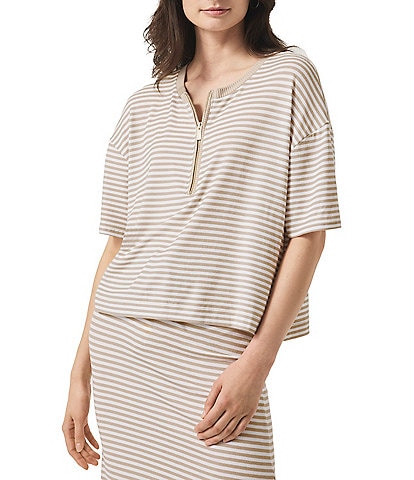 Splendid Brooke Knit Stripe Print Half-Zip Crewneck Short Sleeve Coordinating Top
