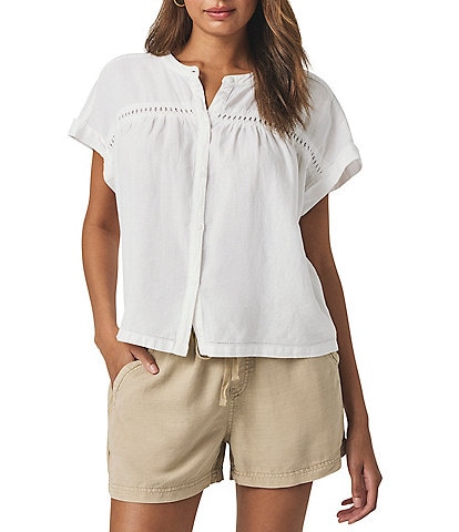 Splendid Catalina Knit Linen Blend Crochet Crew Neck Short Sleeve Blouse