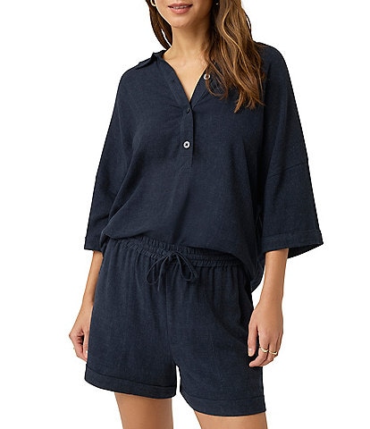 Splendid Coastal Knit Notch Collar 3/4 Sleeve Polo Top