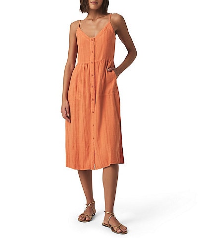 Splendid Gabrielle Knit Linen Blend V-Neck Sleeveless A-Line Midi Dress