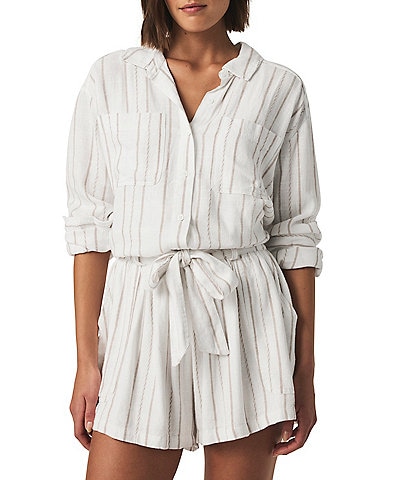 Splendid Gabrielle Knit Stripe Print Collar Long Sleeve Coordinating Button Front Shirt