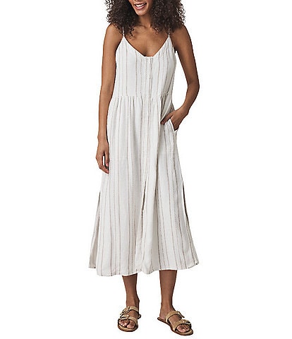 Splendid Gabrielle Knit Stripe Print V-Neck Sleeveless A-Line Midi Dress