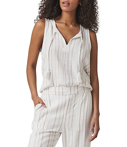 Splendid Layla Knit Stripe Print Linen Blend Split V-Neck Sleeveless Coordinating Tank Top