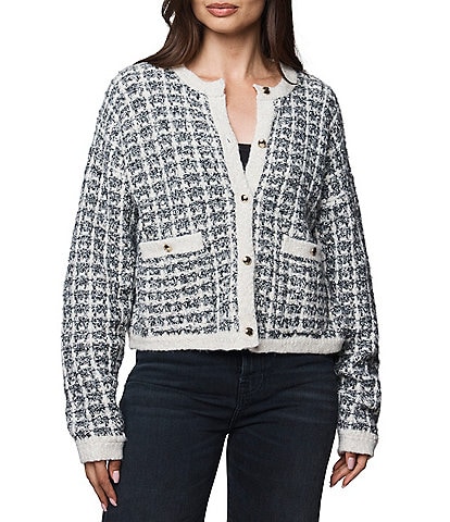 Splendid Lisette Textured Knit Plaid Round Neck Long Sleeve Cropped Cardigan