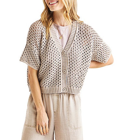Splendid Nova Pointelle Knit V-Neck Short Sleeve Cardigan