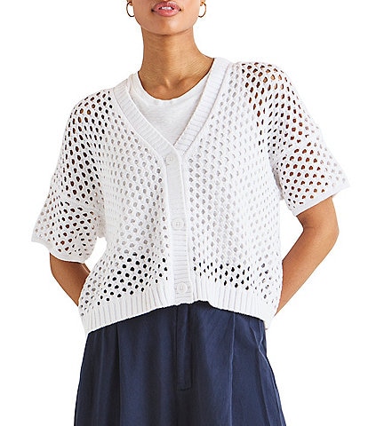Splendid Nova Pointelle Knit V-Neck Short Sleeve Cardigan