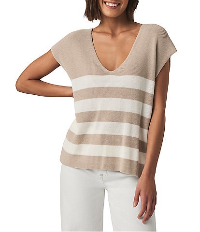 Splendid Octavia Knit Chest Stripe V-Neck Dropped Short Sleeve Box Top Sweater