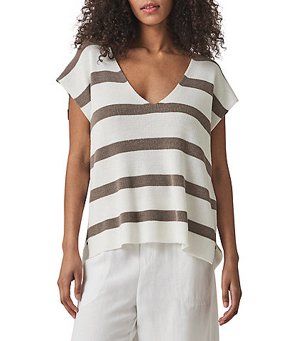 Splendid Octavia Woven Stripe Print V-Neck Short Sleeve Shirt