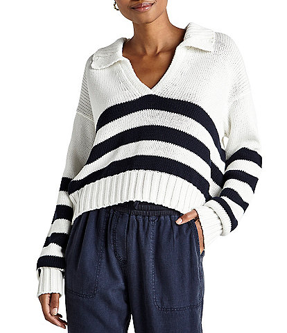 Splendid Parker Polo Stripe Point Collared V-Neck Sweater