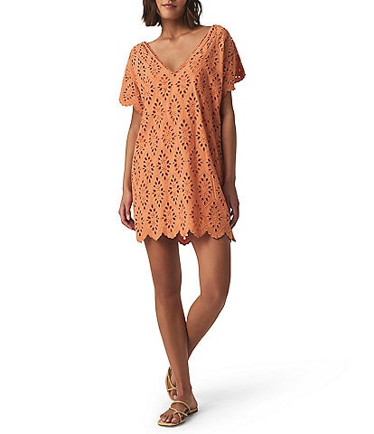 Splendid Sandro Eyelet V-Neck Short Sleeve A-Line Mini Dress