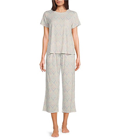 Splendid Short Sleeve Round Neck Coordinating Ikat Print Knit Pajama Set