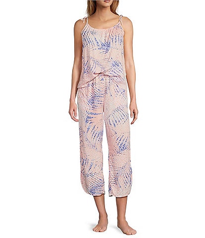 Splendid Sleeveless Scoop Neck Cami & Cropped Pant Woven Animal Palm Print Pajama Set