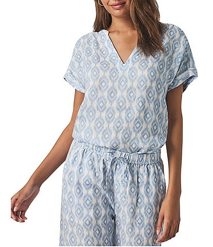 Splendid St. Tropez Woven Ikat Print V-Neck Short Sleeve Coordinating Top