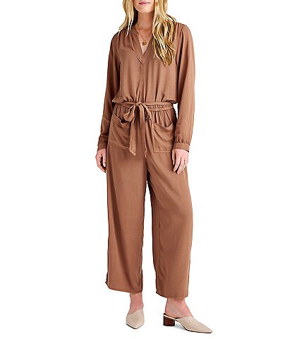 Splendid Teaghan Split V-Neck Long Sleeve Tie Waistband Front Pocket Jumpsuit