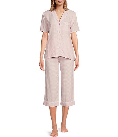 Splendid Woven Striped Short Sleeve Notch Collar Cropped Pajama Set