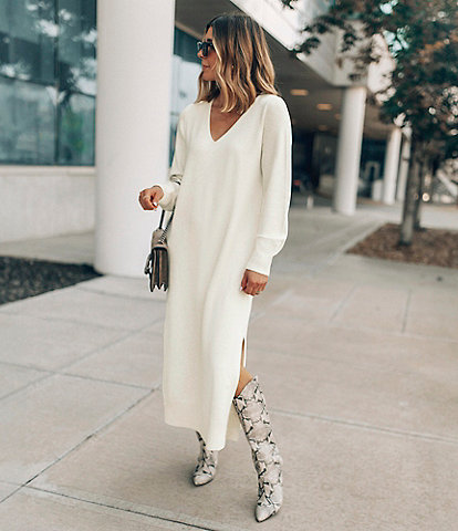 Splendid x Cella Jane Blog Long Sleeve V-Neck Sweater Maxi Dress