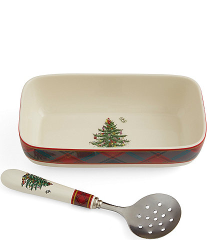 Spode Christmas Tree Collection Tartan Rectangle Server with Slotted Spoon