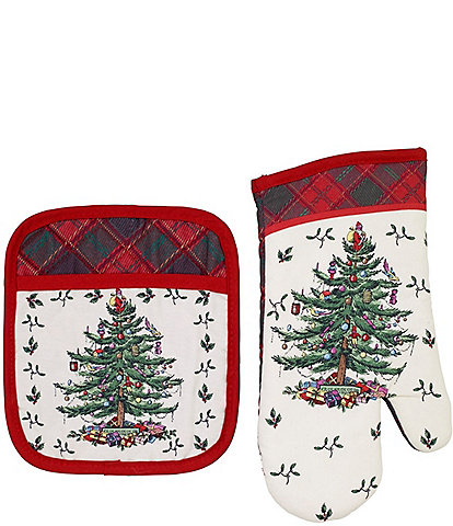 Spode Christmas Tree Tartan Pot Holder & Oven Mitt Set