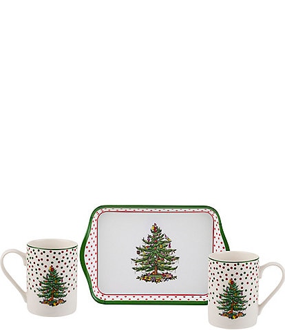 Spode Pimpernel Christmas Tree Polka Dot Set of 2 Mugs and Tray