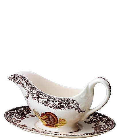 Spode Festive Fall Collection Woodland Turkey Gravy Boat & Stand