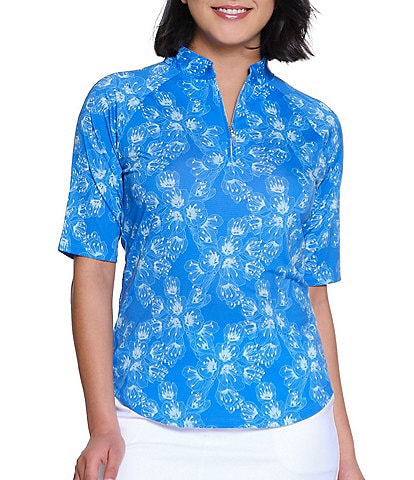 Sport Haley Arlette Printed Quarter Zip Mock Neck Elbow Sleeve Top