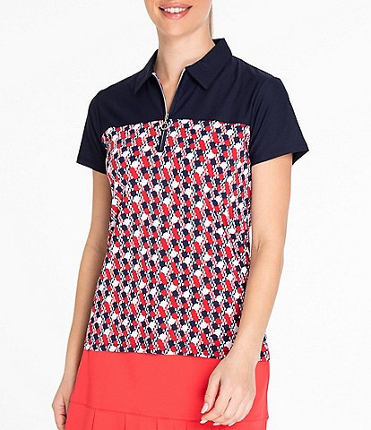 Sport Haley Dupont Color Block Printed Point Collar Short Sleeve Quarter Zip Polo