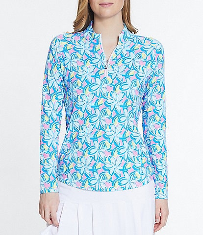 Sport Haley Tropical Floral Printed Quarter Zip Long Sleeve Top